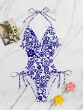 Women's Blue Floral Halter One-Piece Swimsuit