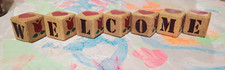 "WELCOME" Vintage Primitive Wooden Blocks ~ Apples Hearts Tulips ~Country Rustic