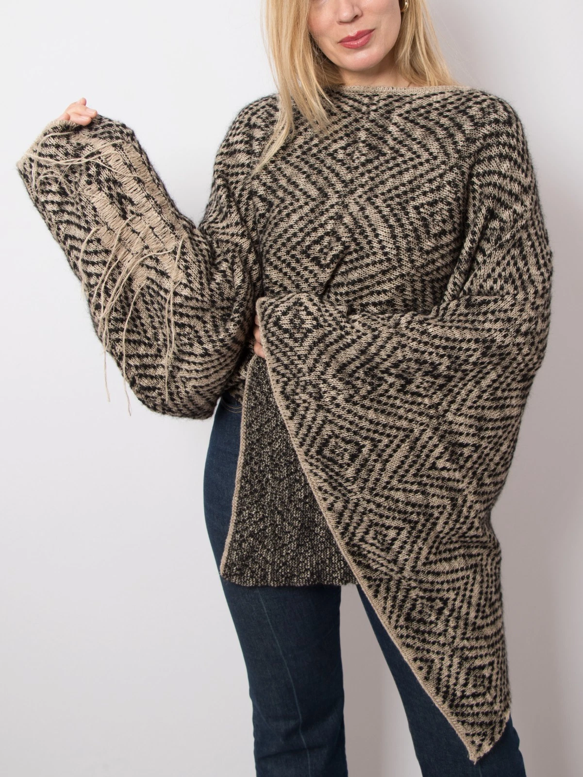 MALLONI Geometric Poncho Sweater Linen Mohair Alpaca blend Size S Made in Italy