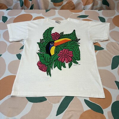 VINTAGE Toucan Floral Beach Shirt Top Women s One Size White Colorful Rainforest