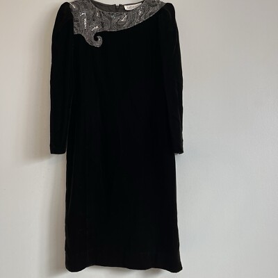 Vintage Argenti Black Velvet Midi Dress Long Sleeve Beaded Ruff