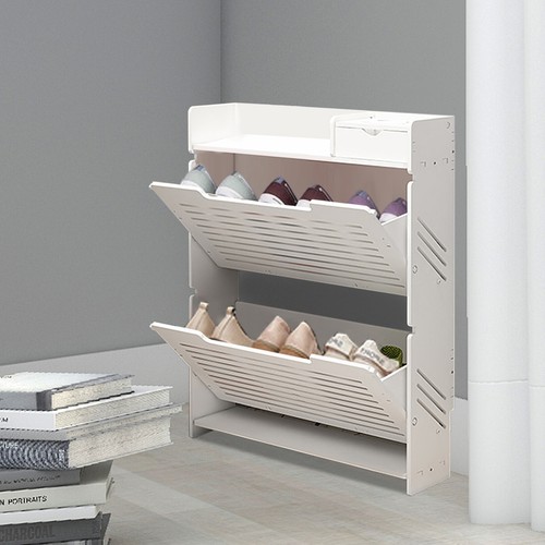 Tipping Bucket Modern Shoe Rack PVC Shoe Storage Cabinet Organizer 2 Layer White