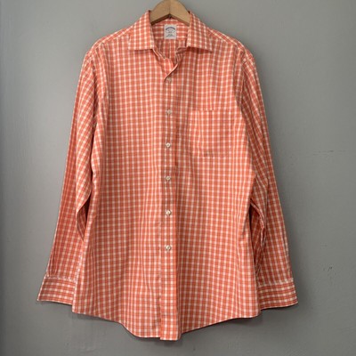Brooks Brothers 346 Mens 16 4/5 Slim Fit Orange White Plaid Non Iron Dress Shirt