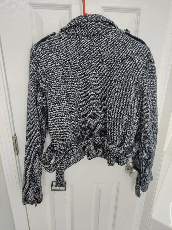 Last Kiss Mujer Moda Chaqueta Talla Grande Azul Blanco Tweed Forrado Blazer Cinturón Cremallera Foto 2 de 4