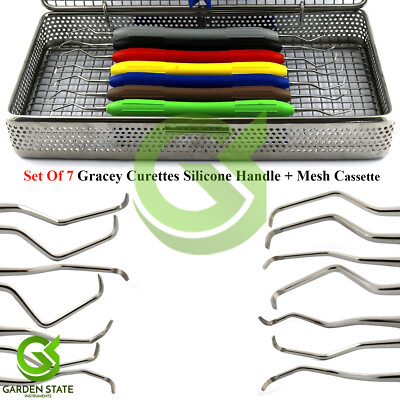 7 Silicone Handle Gracey Currettes Hygiene Perio Scaling Scalers + Mesh Cassette