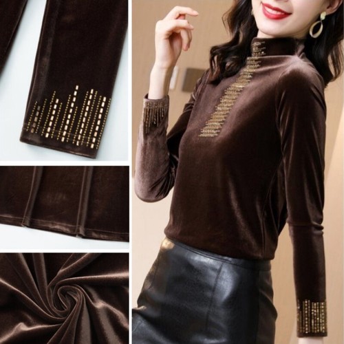 Camicia donna velluto basic finto collo manica lunga fondo slim pullover top chic - Foto 3 di 16