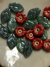 beads for jewelry making Christmas Czech Glass Luster Leafs Red Flowers Mix