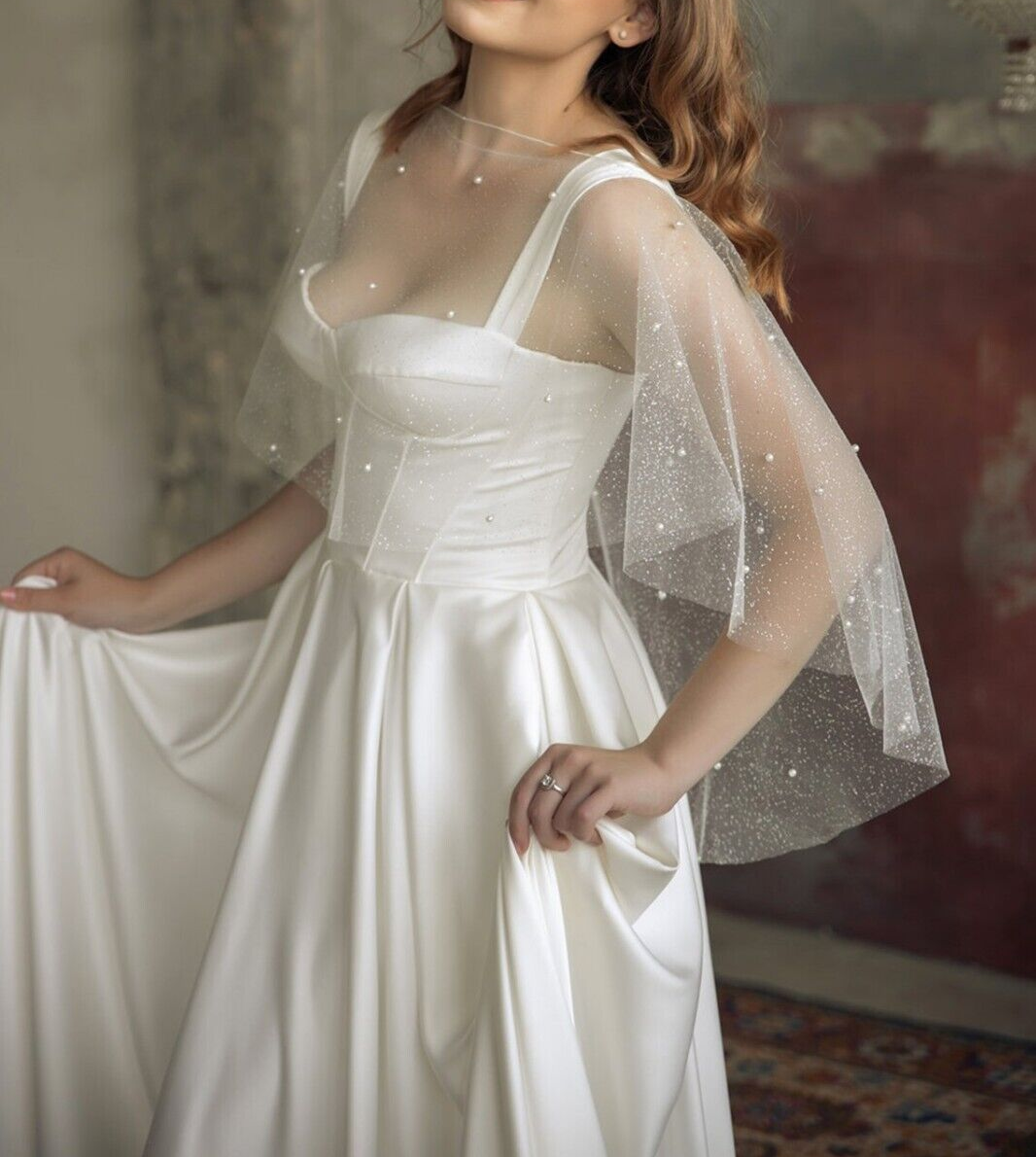 Bridal cape glitter pearls Shoulder veil sheer cover up Wedding dress