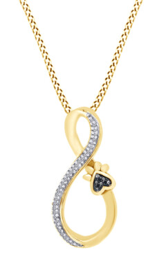 Black & White Natural Diamond Paw Prt Pendant Necklace  14K Yellow Gold Plated