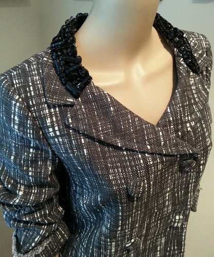J Crew Collection Gray White Black Jet Embellished Jewel Double Breasted Jacket - Picture 2 of 5