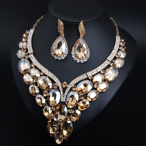 Bridal Women Crystal Necklace Choker Earrings Jewelry Set Wedding Party Bib Gift - Picture 53 of 87