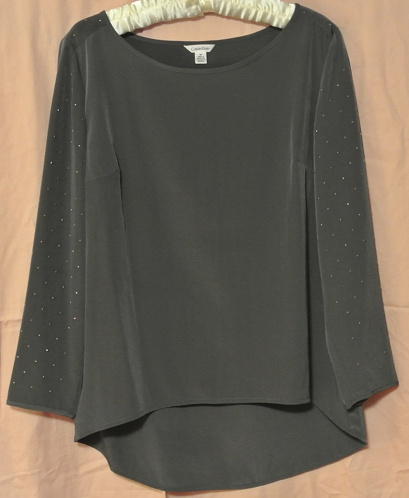 Calvin Klein Poly Microfiber Slate Top/Blouse Studded Sleeve-Asymmetric Hem-M