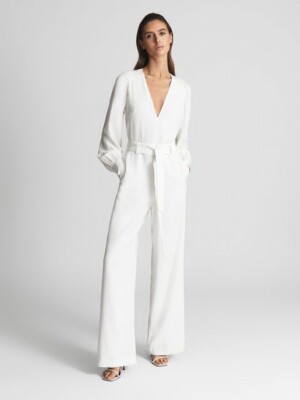 Reiss Elsa Long Sleeved, Wide Leg White Bridal Jumpsuit UK