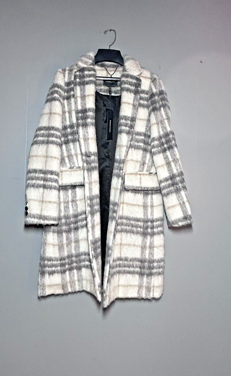 WOOL ANKLE LENGTH COAT BCBG Ivory/Grey Plaid with pockets BRAND