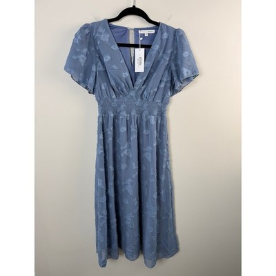 Baltic Born Midi Dress Women Size S Blue June Smocked Floral Clip Dot V-Neck