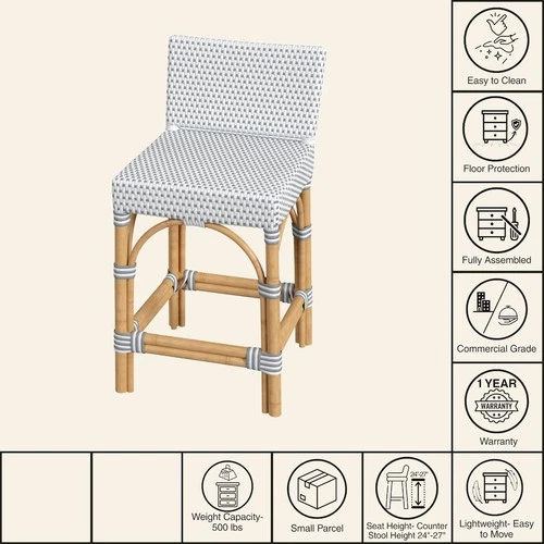 Serienna Rectangular Rattan Low Back 24.5" Counter Stool, White and Gray - Picture 3 of 9