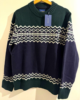 GANT Herren Pullover Wolle Fair Isle Blau Grün Weiß Rundhals Langarm Gr. M