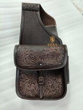 Premium Leather Western Basket/Floral Design Tooled Saddle Bag For Horse .
