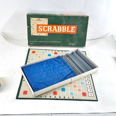 Spears Scrabble Vintage Brettspiel komplett Spielsteine Racks blau Tasche England Box