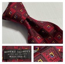 ROBERT TALBOTT BOC Red Blue Yellow Geo Jacquard Squares Silk Tie Hand Sewn USA