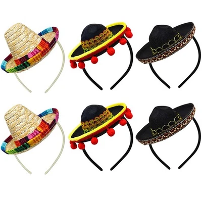 Set von 6 Cinco de Mayo Stroh Sombrero Stirnband Stoff Partyhüte mit Ball Fra... - Bild 1 von 4