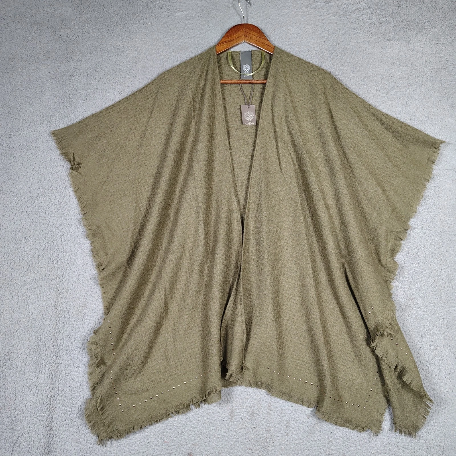 Vince Camuto Poncho Womens OS Olive Green Studded Raw Hem Asymmetrical Shawl NWT