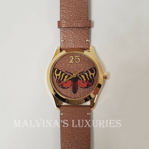 GUCCI WATCH YA1264063 G-TIMELESS MOTH GOLD PVD & BROWN LEATHER 38mm $1,100 - Picture 6 of 12