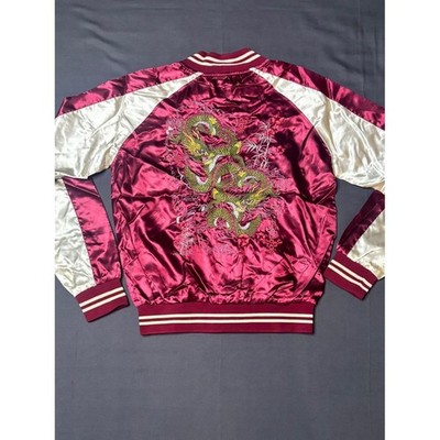 Red Fox Premium Burgundy Satin Sukajan Bomber Jacket Tiger Dragon Embroidered S