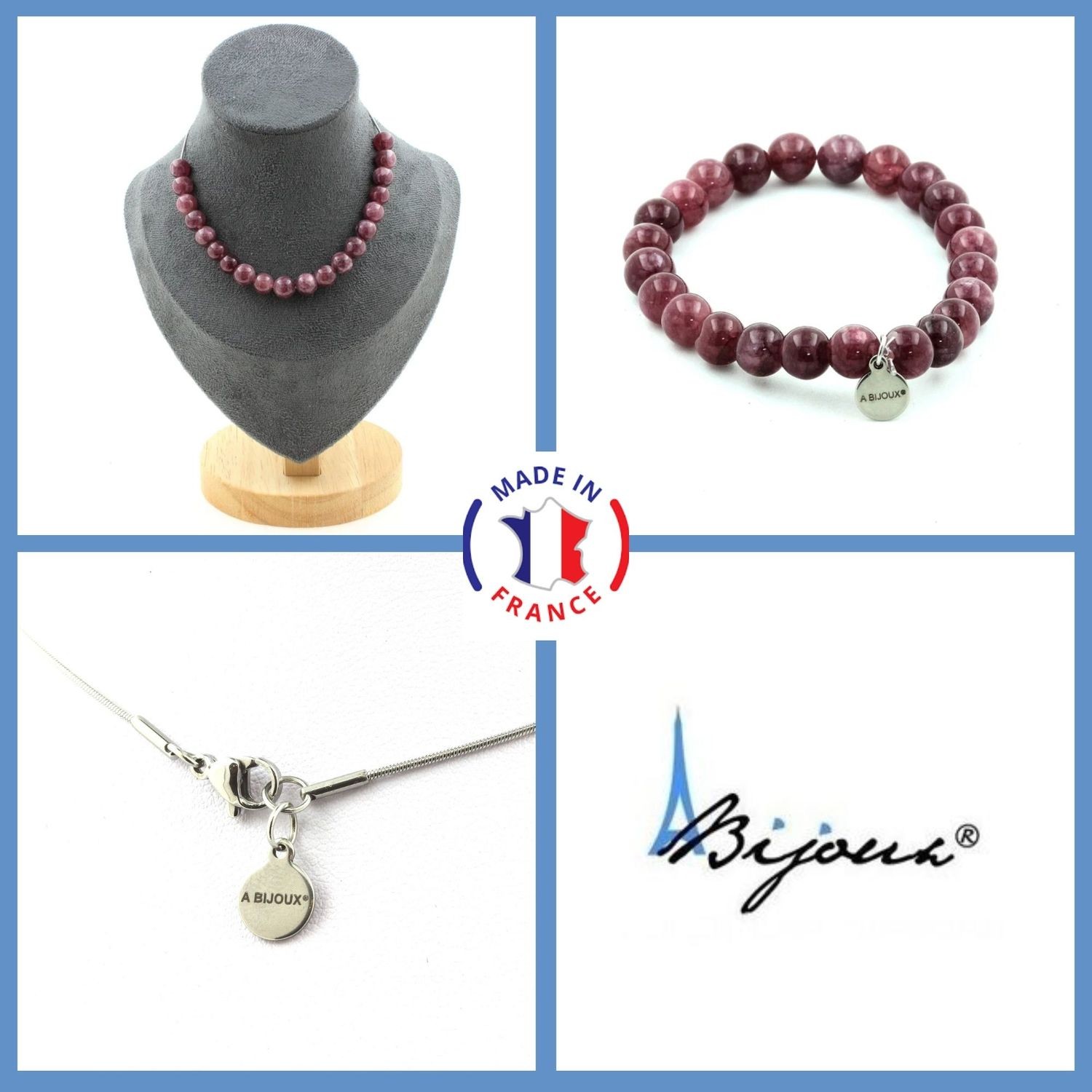 Parure bijoux en lépidolite : bracelet et collier 20 perles, le cadeau idéal pour femme