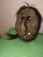 Alte Holzmaske geschnitzt Wanddeko - Teufel / Troll mit Echthaar & Zähnen 20cm
