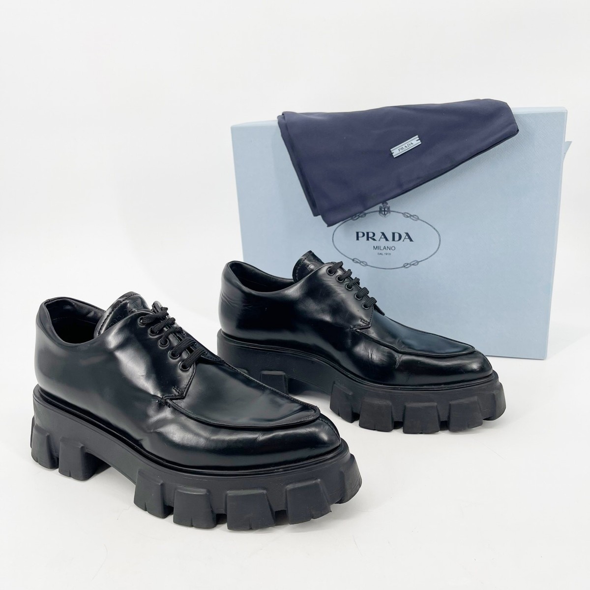 Prada Black Brushed Leather Lace Up Chunky Monolith Derby Oxford