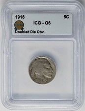1916 Buffalo Nickel 5c Doubled Die Obverse G6 ICG 951290-2