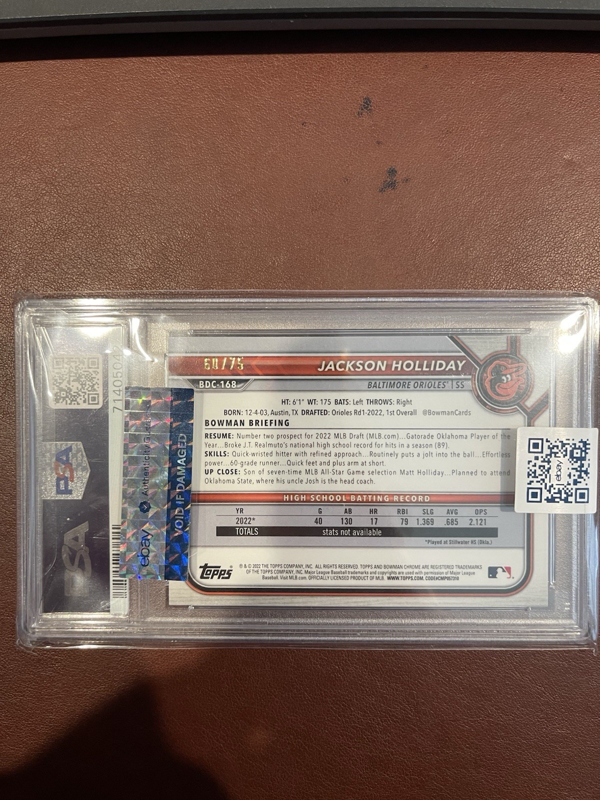 🔥2022 Bowman Chrome Jackson Holliday Yellow Lava/75 PSA 9 BDC-168 (RC) Orioles view 3
