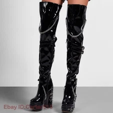 Sexy Women Chunky Heel Platform Rivets Over The Knee Thigh High Boots Club Shoes