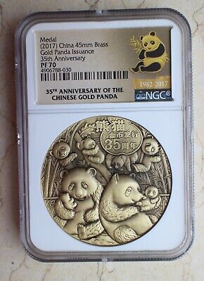 NGC PF70 China 2017 Issued Panda Gold Coin 35th Antiqued Silver Medal 45g COA