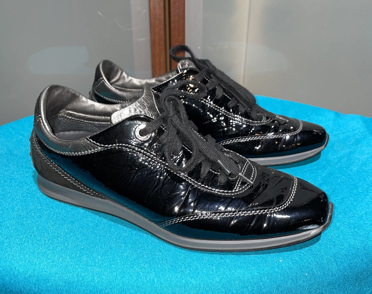 Tod s Women s Patent Black Pewter Leather Driving Tennis Shoes Sneakers Size 7