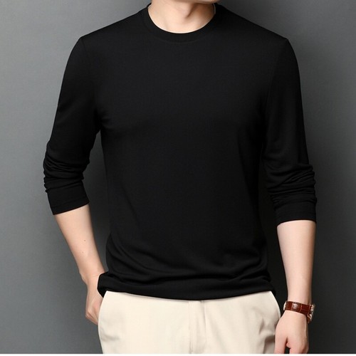 Spring Mens Casual Round Neck Solid Color Silk Long Sleeved T-Shirt Top - Picture 4 of 31