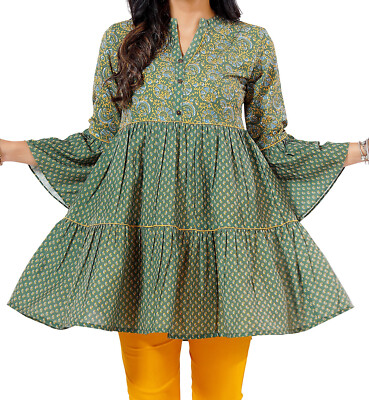 Frock Style Cotton Green Kurtis Women Indian Kurti Tunic Kurta