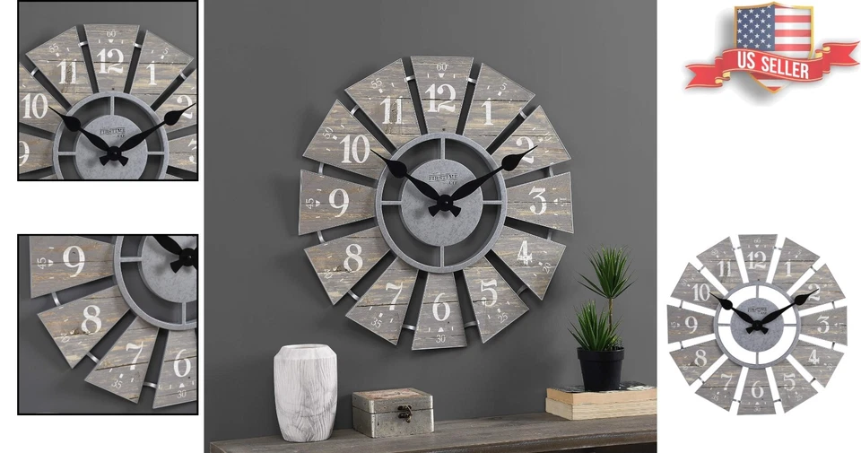 Large Gray Numeral Windmill Wall Clock - Farmhouse Vintage Decor - 24 Inches - Image 2 of 4