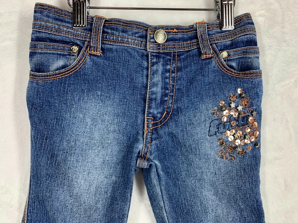 Pantalones de mezclilla azules bordados con cuentas florales FUBU para niñas pequeñas talla 18 bolsillos M  Foto 2 de 4