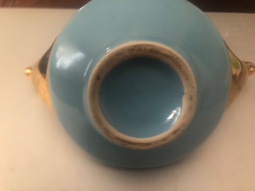 vintage mid 20th century modern turquoise blue and gold porcelain sugar bowl - Picture 4 of 6