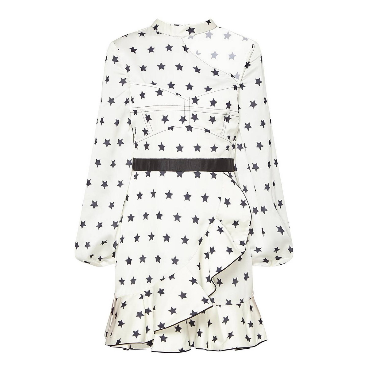 Self-Portrait Long Sleeve Satin Star Print Frill Mini Cocktail  