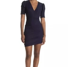 NSR Natalie Puff Sleeve Ruched Dress M Mini Sheath Surplice V-Neck Navy NWT 5291
