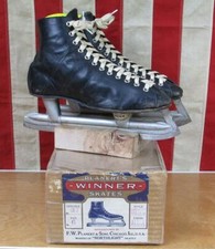 Vintage 1920s FW Planert Black Leather Ice Hockey Skates w/Orig.Box Antique Sz.6