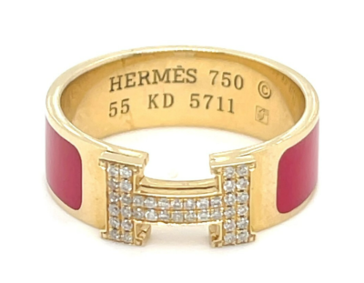 Hermes 18k Yellow Gold Diamond and Red Enamel H Clic Clac Ring