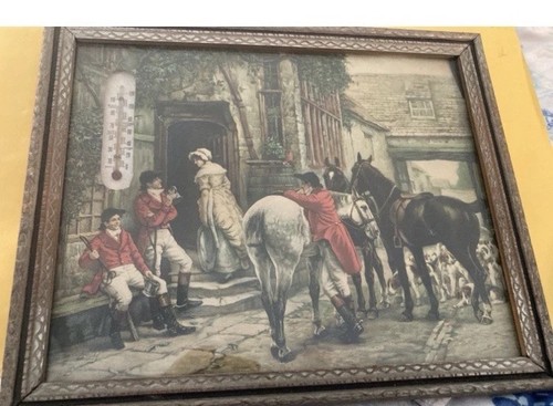 Thermometer + Red Coats Hounds Fox Hunt Framed Art Litho Print by Isabel Guerra