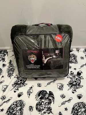 Ed Hardy 4pc King Plush Comforter Set Green Aces Skull Dice Lucky 7 NWT