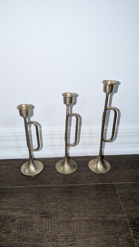 3 Vintage Brass Graduated Candle Stick Holders Horn Trumpet Bugle - Picture 3 of 8