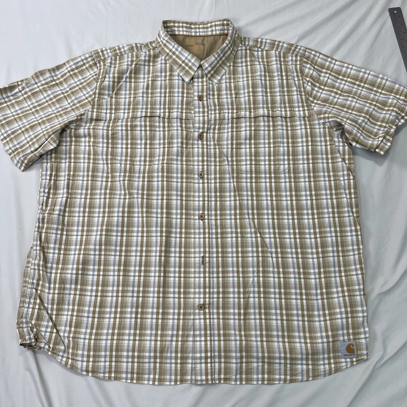 Carhartt Force Fishing Shirt Mens 3XL White Beige Plaid Relaxed Fit Vented Work