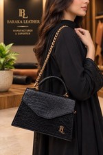 Women’s Black Leather Handbag Crocodile Embossed Shoulder Bag Gold Chain BL
